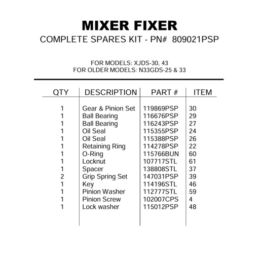 COMPLETE SPARES KIT